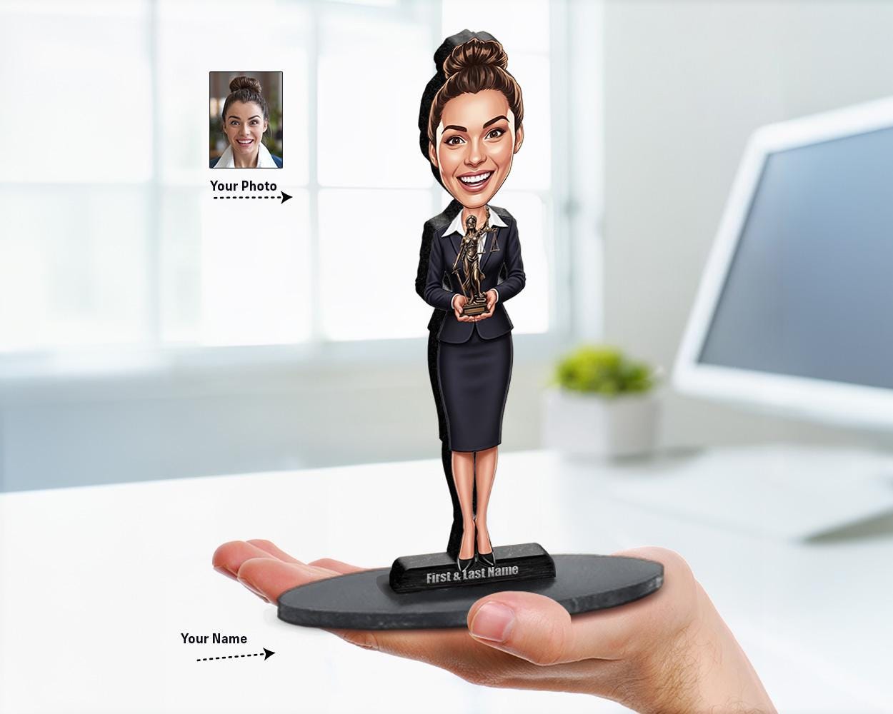 Big-head caricature of a White female lawyer in suit holding Lady Justice, printed on wood or acrylic with personalized nameplate, white background.