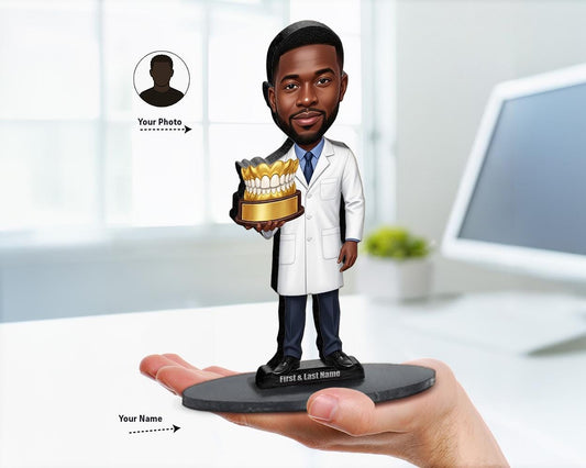 Big-head caricature of an African American male dentist in white coat holding a golden tooth model, printed on wood or acrylic with personalized nameplate, white background.