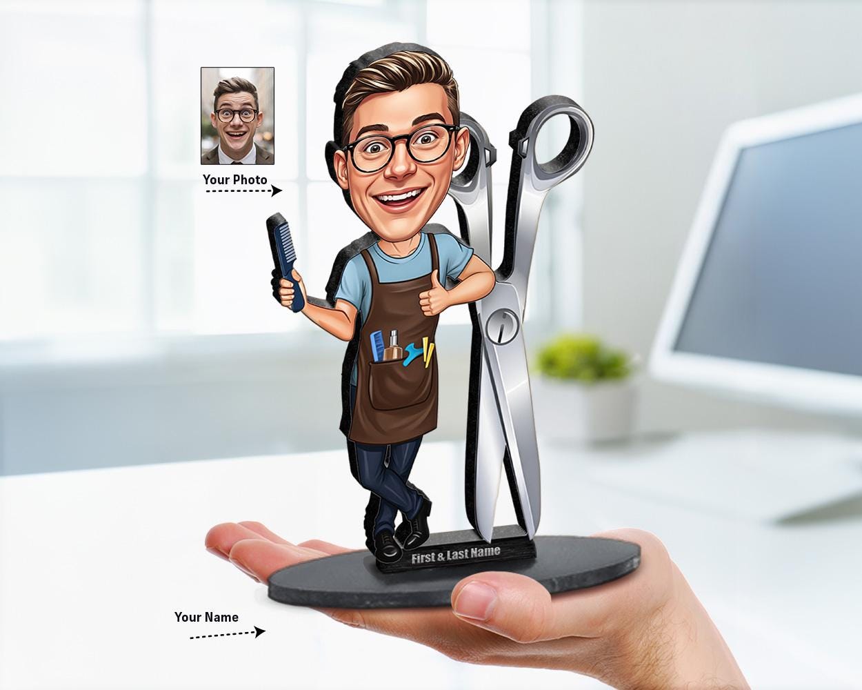 Big-head caricature of a male hair stylist and barber holding comb with oversized scissors, printed on wood or acrylic with personalized nameplate, white background.