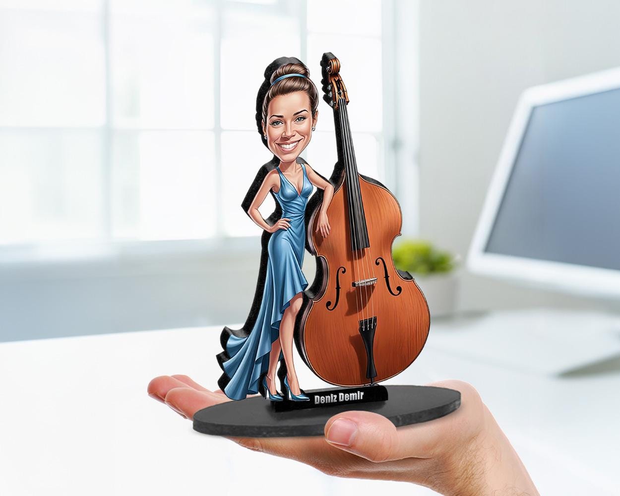 Big-head caricature of a female double bass player in a blue dress, holding upright bass, printed on wood or acrylic, standing pose, white background.