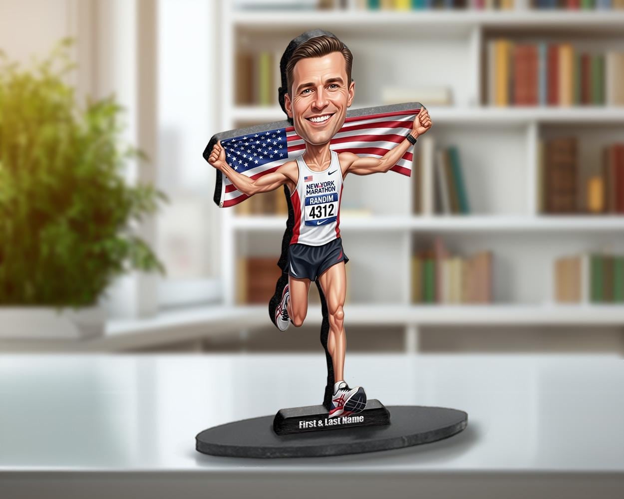 Patriotic Marathon Finisher Gift | Custom USA Runner Figurine from Your Photo | Personalized Race Day Caricature, Magnet, Keychain, CarCharm