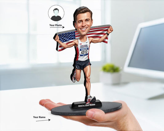 Patriotic Marathon Finisher Gift | Custom USA Runner Figurine from Your Photo | Personalized Race Day Caricature, Magnet, Keychain, CarCharm