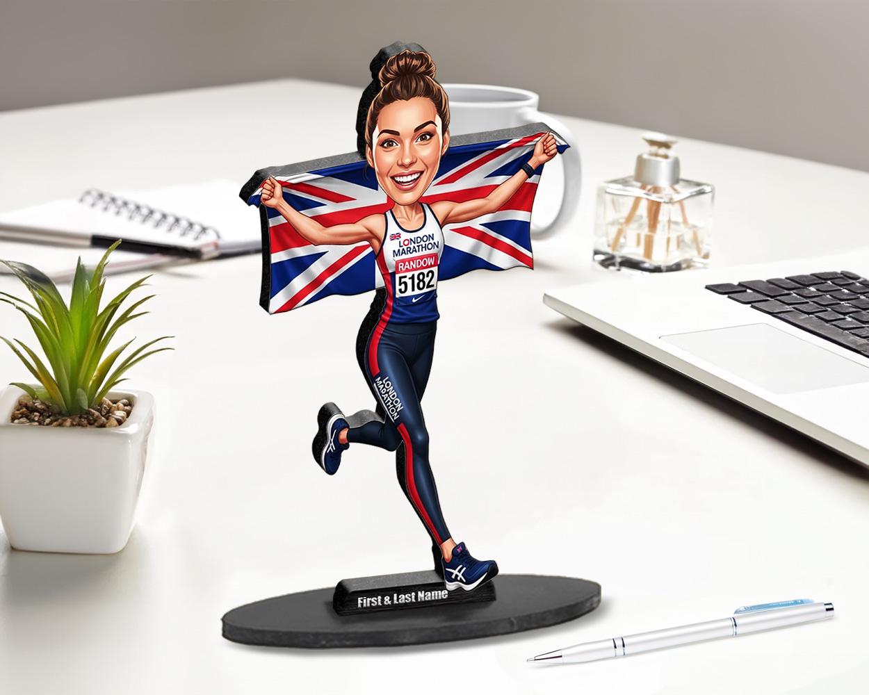 International Marathon Runner Gift | Custom Country Flag Running Figurine from Your Photo | Personalized Caricature, Magnet, Keychain