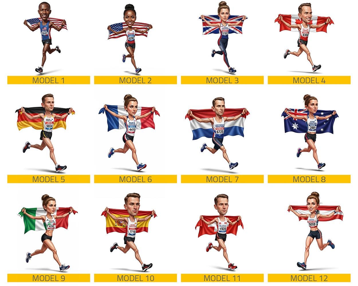 International Marathon Runner Gift | Custom Country Flag Running Figurine from Your Photo | Personalized Caricature, Magnet, Keychain