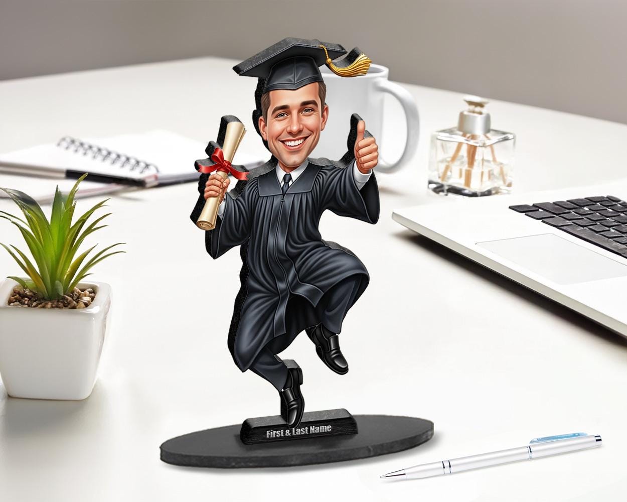 Personalized Graduation Gift | Custom Graduate Figurine from Photo | Funny College & University Caricature, Magnet, Keychain, Car Charm