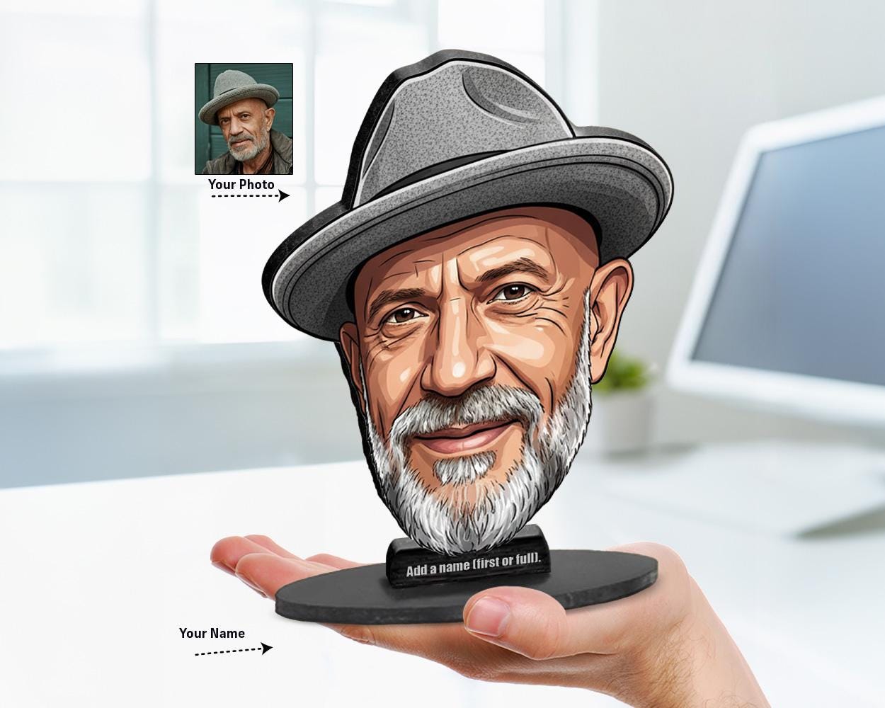 Big-head caricature of an elderly man with beard and hat, printed on wood or acrylic, personalized nameplate, white background.