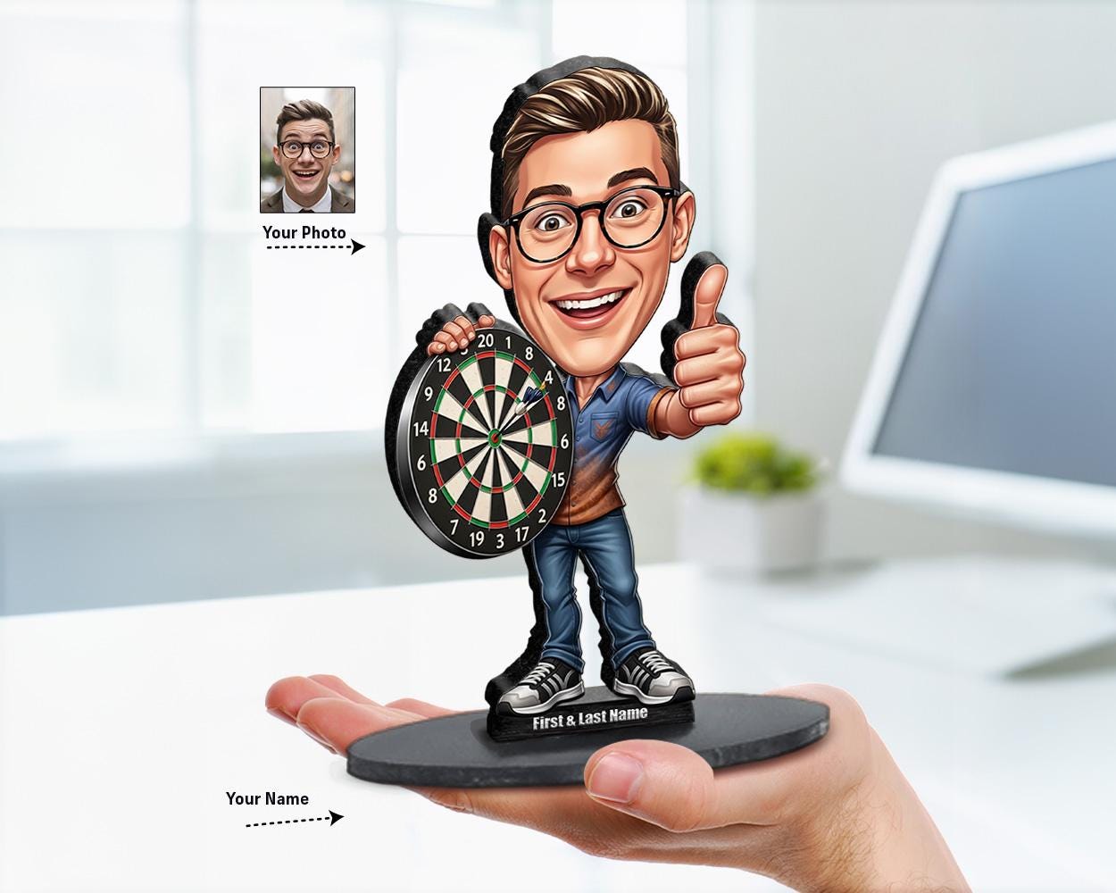Personalized darts player caricature figurine holding darts and dartboard, custom gift for pub champion, man cave, or league winner.