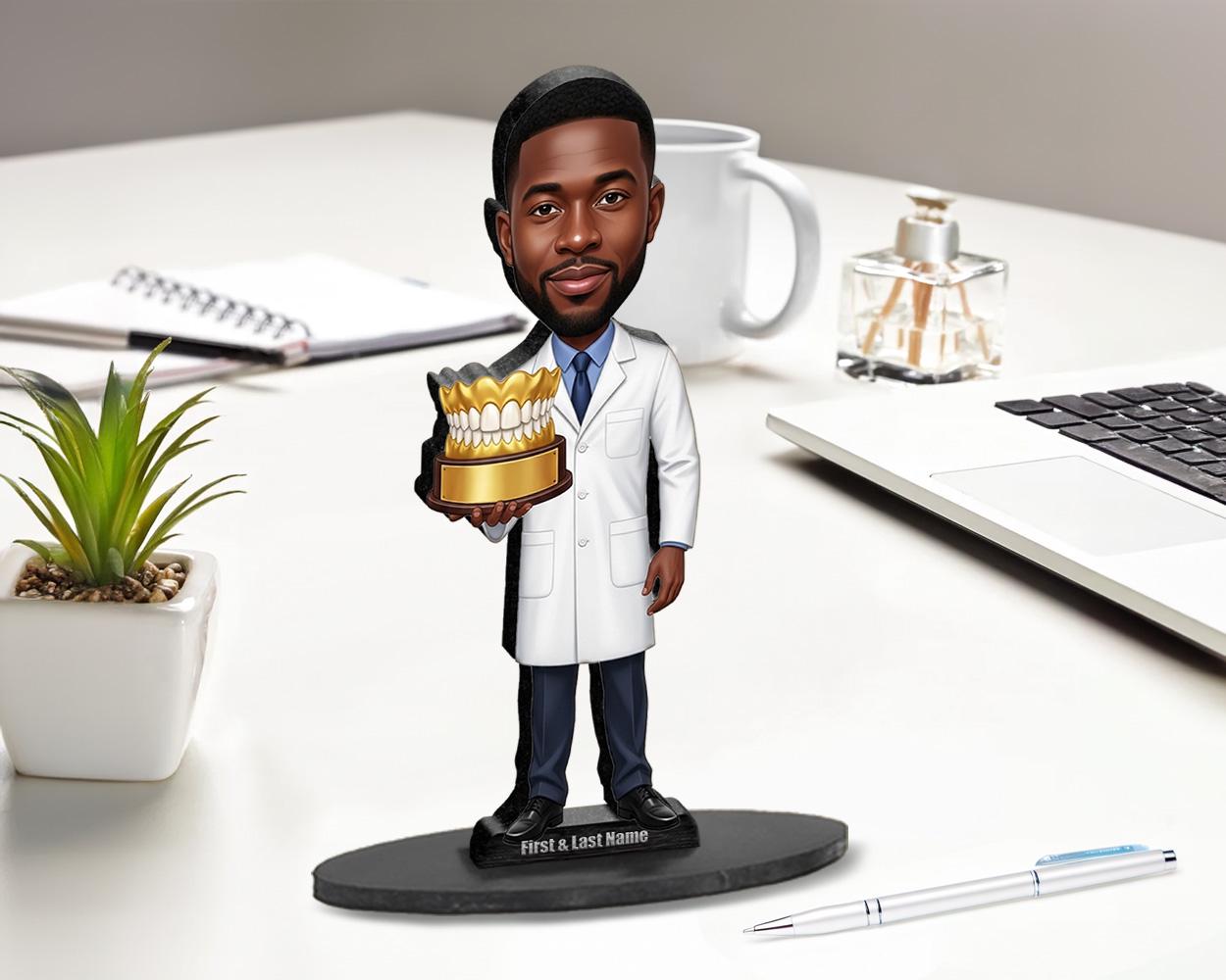 Custom Prosthodontist or Dental Graduate Gift | African American Male Dentist Figurine from Photo | Personalized Caricature