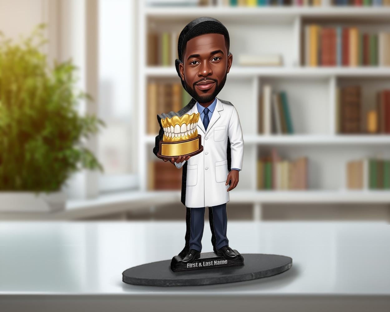 Custom Prosthodontist or Dental Graduate Gift | African American Male Dentist Figurine from Photo | Personalized Caricature