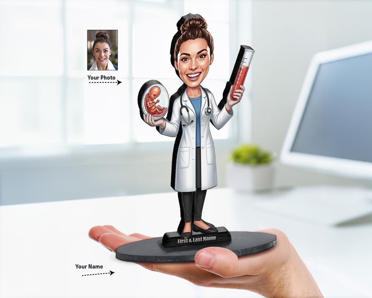 Big-head caricature of a female fertility specialist in lab coat holding embryo model and test tube, printed on wood or acrylic with personalized nameplate, white background.