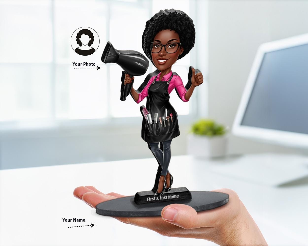 Big-head caricature of a hairstylist or barber with scissors and blow dryer, printed on wood or clear acrylic, standing pose, white background.