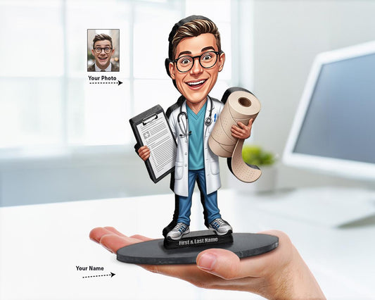 Big-head caricature of a sports medicine doctor with lab coat and medical props, printed on wood or clear acrylic, standing pose, white background.