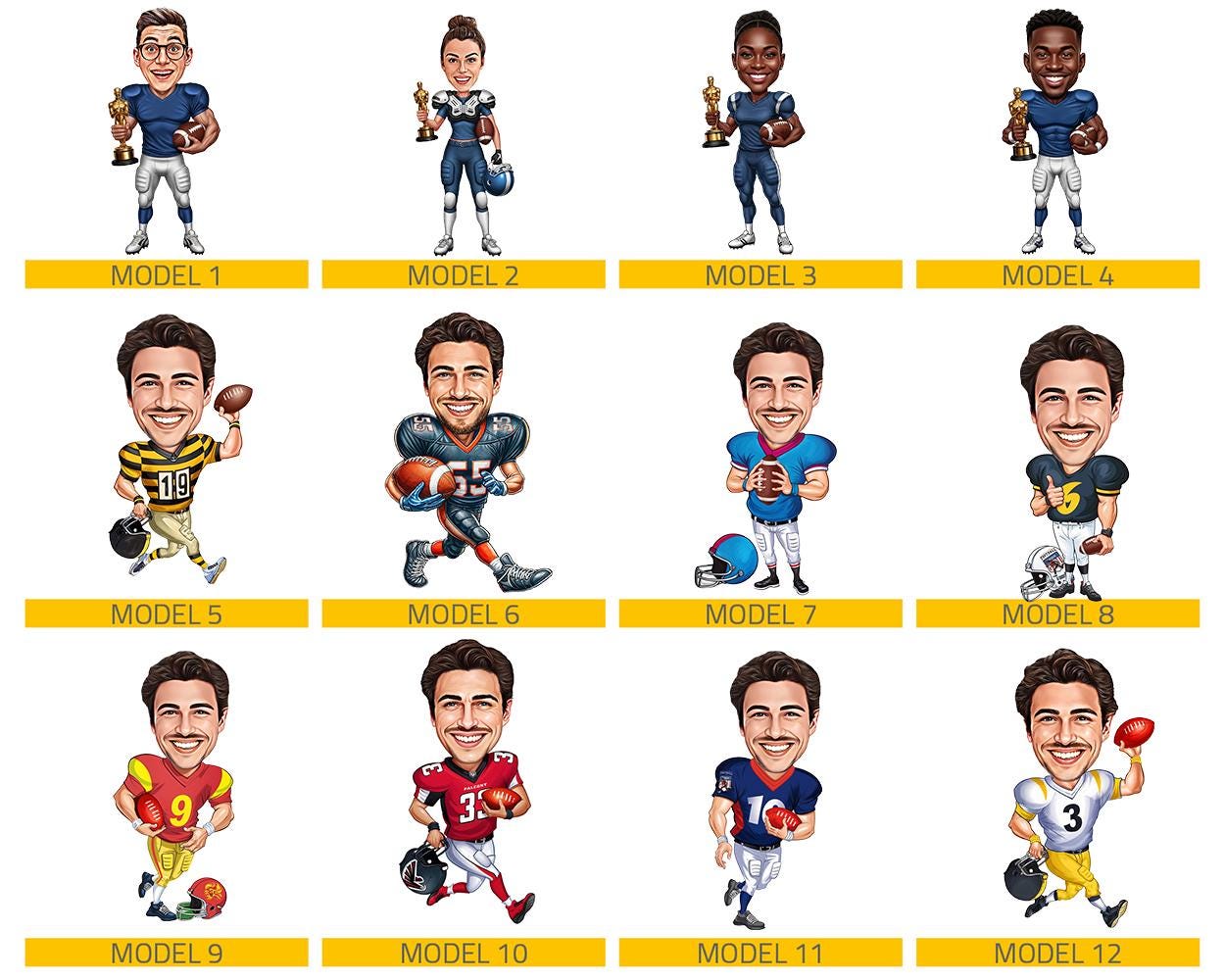 Custom Football Award Gift | Personalized Funny Figurine with Trophy | American Football Magnet, Keychain, Car Charm