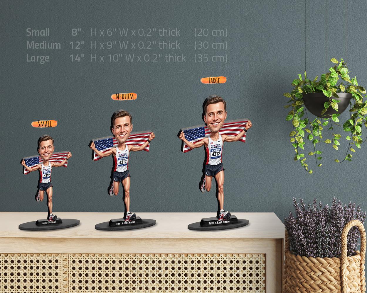 Patriotic Marathon Finisher Gift | Custom USA Runner Figurine from Your Photo | Personalized Race Day Caricature, Magnet, Keychain, CarCharm