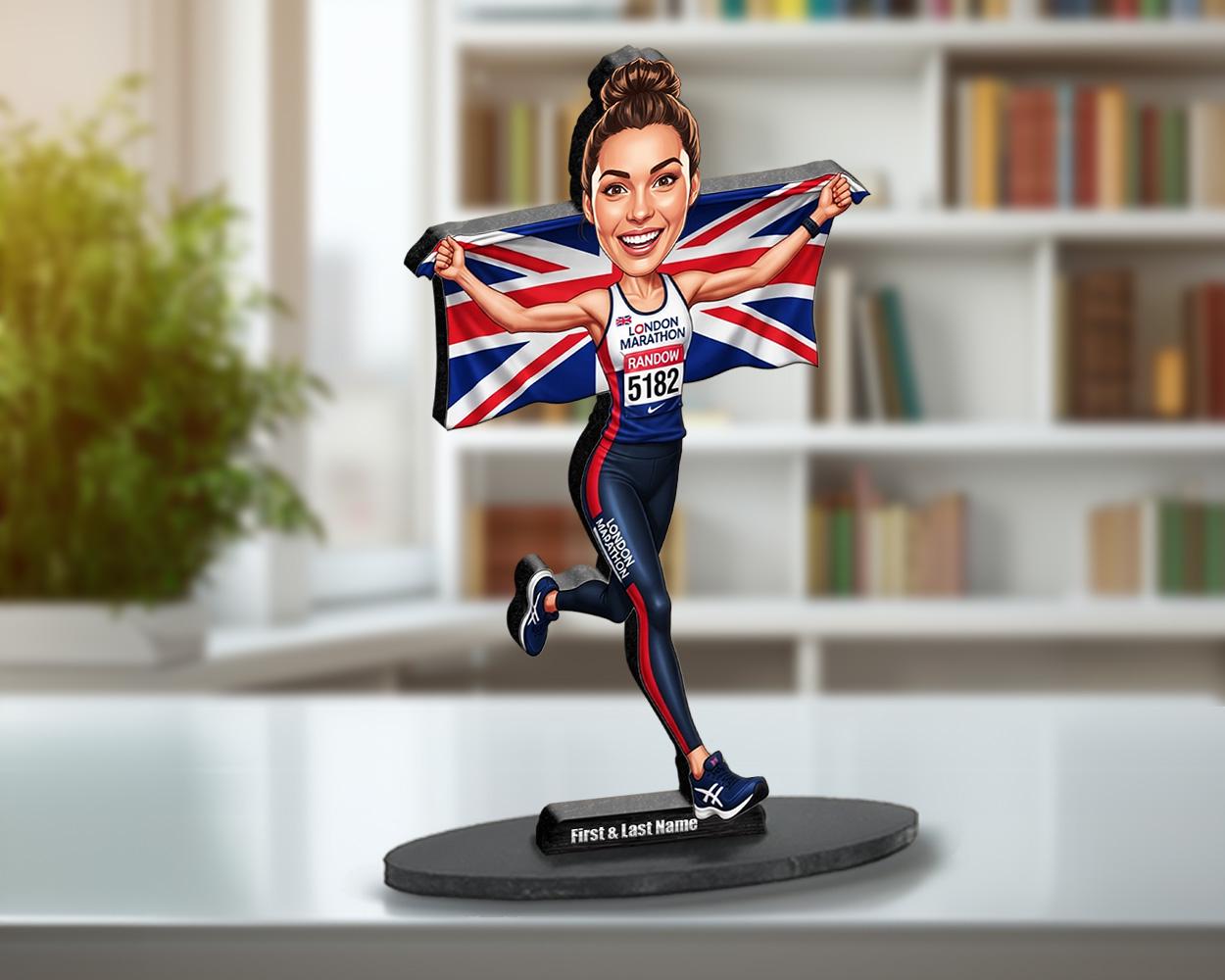 International Marathon Runner Gift | Custom Country Flag Running Figurine from Your Photo | Personalized Caricature, Magnet, Keychain
