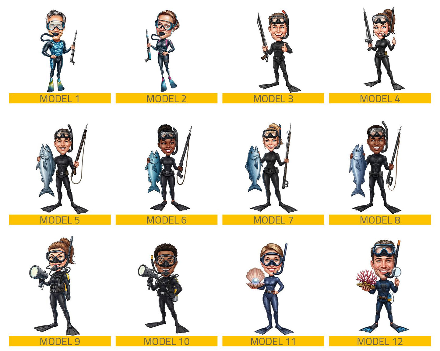 Personalized Spearfishing Diver Figurine | Custom Freediver Caricature from Your Photo | Underwater Hunter Figurine, Magnet, Keychain