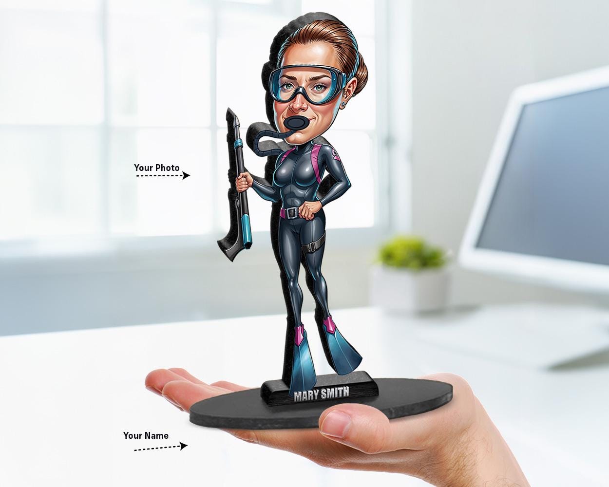 Personalized Spearfishing Diver Figurine | Custom Freediver Caricature from Your Photo | Underwater Hunter Figurine, Magnet, Keychain