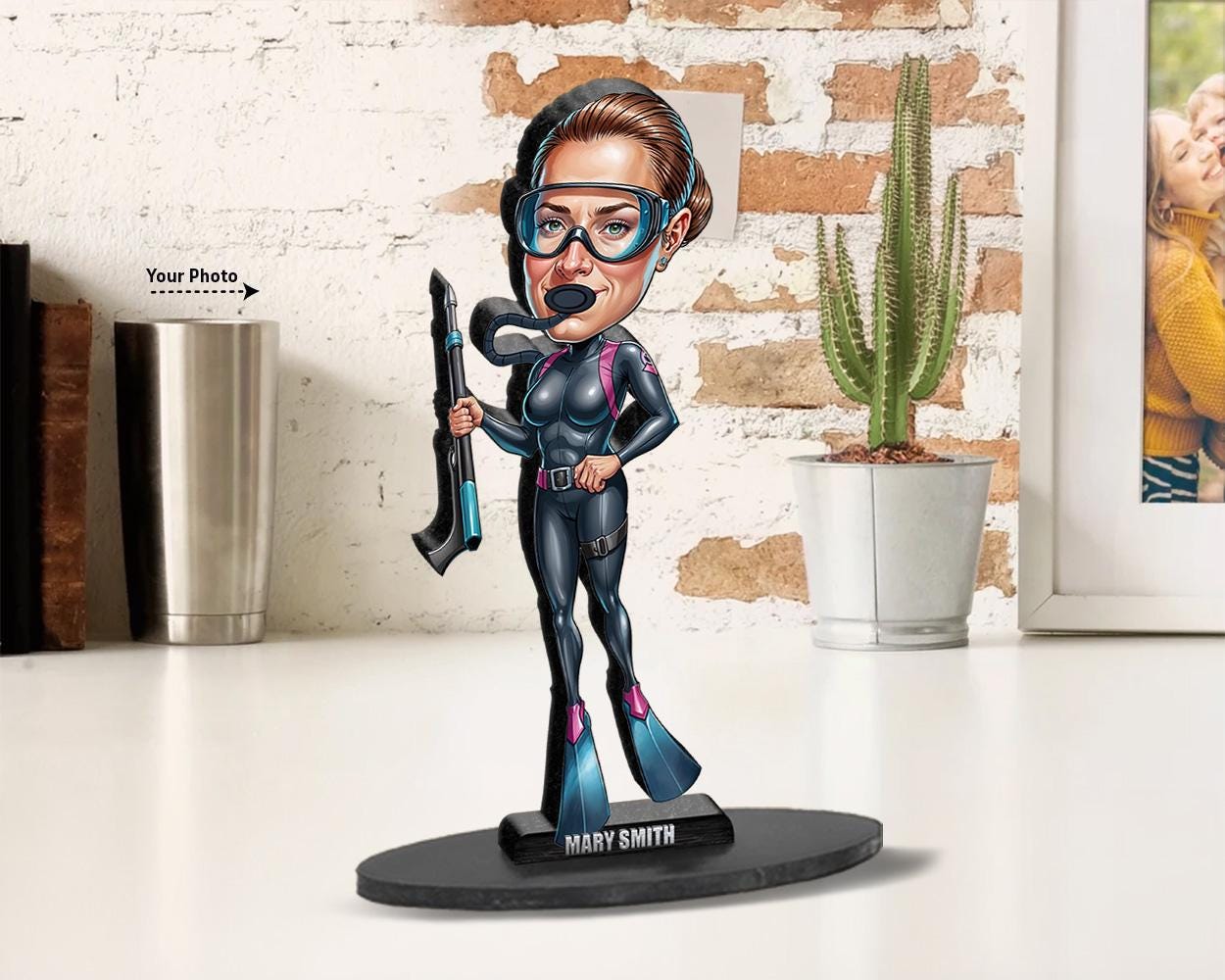 Personalized Spearfishing Diver Figurine | Custom Freediver Caricature from Your Photo | Underwater Hunter Figurine, Magnet, Keychain