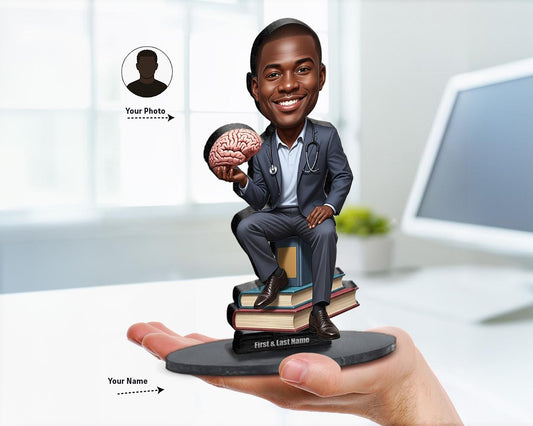 Big-head caricature of a neurologist holding a brain model or neurology book, printed on wood or acrylic figurine with a nameplate base, white background.