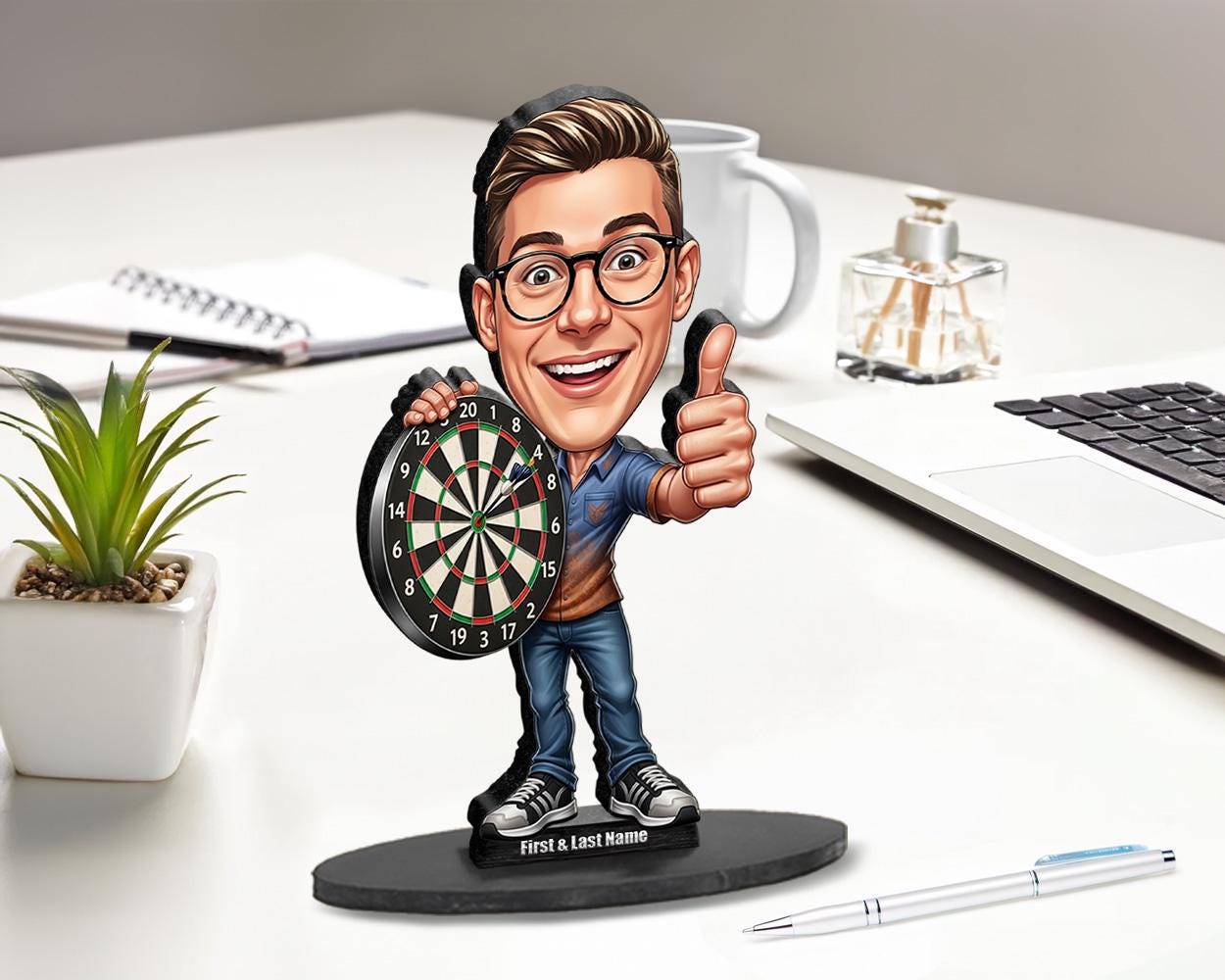 Custom Darts Player Gift | Personalized Bullseye Caricature Figurine for Pub Champion or Man Cave Decor | Funny Trophy, Magnet & Keychain