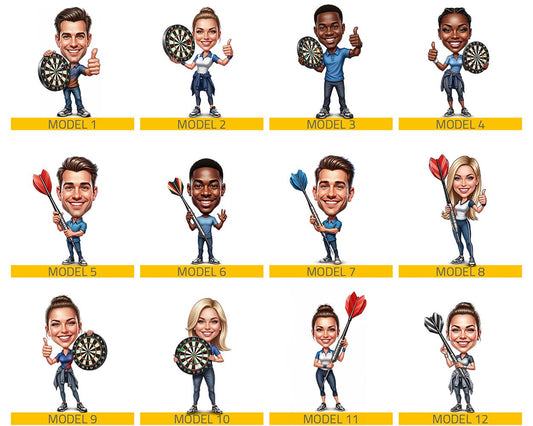 Custom Darts Player Gift | Personalized Bullseye Caricature Figurine for Pub Champion or Man Cave Decor | Funny Trophy, Magnet & Keychain