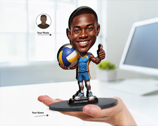 Big-head caricature of male and female indoor volleyball players in team jerseys holding volleyballs, printed on wood or acrylic, standing poses, white background.