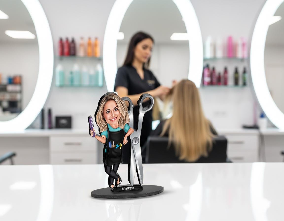 Hair Stylist Gift | Custom Barber | Hairdresser Gift | Caricature Portrait From Your Photo | Personalized Wooden Cartooned Figurine Trinket