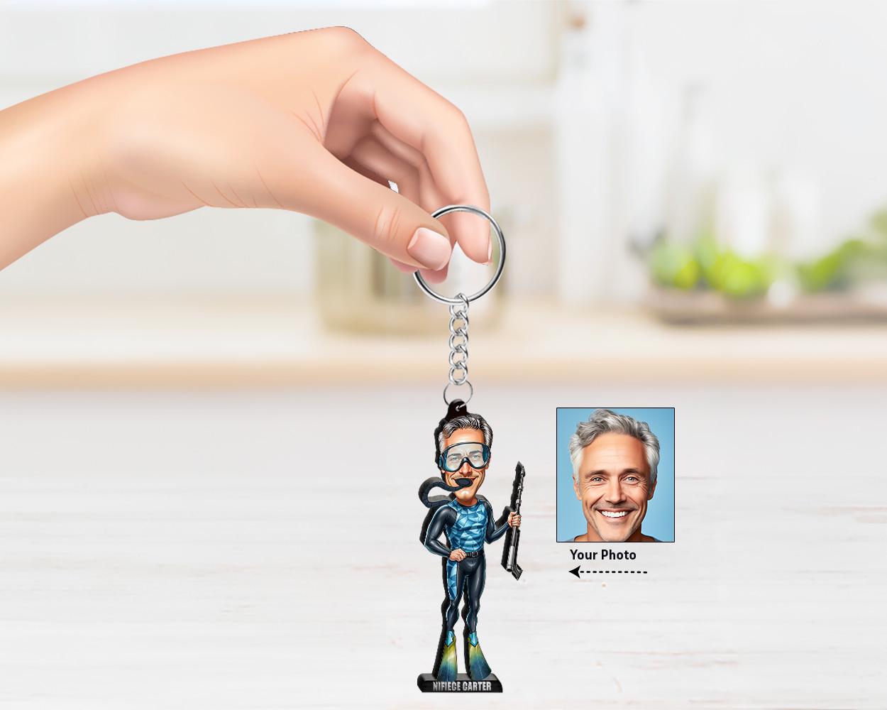 Personalized Spearfishing Diver Figurine | Custom Freediver Caricature from Your Photo | Underwater Hunter Figurine, Magnet, Keychain
